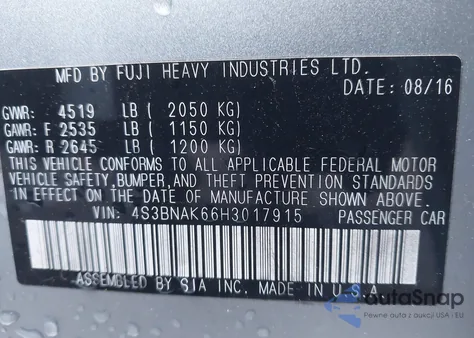 2017 Subaru Legacy 2.5I Limited z USA, uszkodzony, nr VIN 4S3BNAK66H3017915